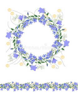 详细的轮廓花环和无缝图案刷与蓝铃和草药分离在白色。 无尽的水平纹理为您