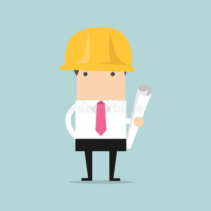 必须带安全帽建筑师或工程师戴黄色安全帽,带建筑工程蓝图卷照片