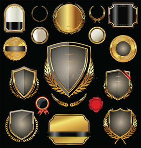 金色盾牌，徽章，标签和桂冠