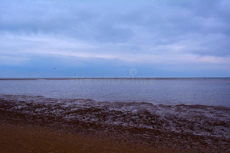 平静的浅海，岩石海滩和黑暗的天空，北海，霍翰海滩，英国