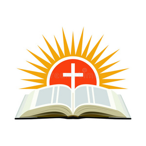 圣经,日落和十字架. 教堂标志的概念. 在白色上隔离照片