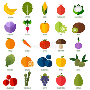 彩色平面水果和蔬菜图标设置。