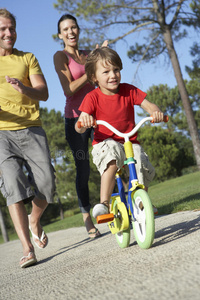 儿子 父亲 自行车 公园 中间 小孩 学习 成人 家庭 儿童