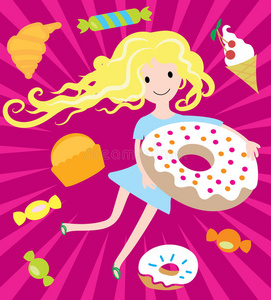 女孩梦想有大甜甜圈和美味的糖果