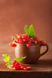 新鲜红醋栗在杯子上的乡村木制背景