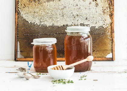 产品 自然 活的 蜂巢 粘贴 玻璃 罐子 特写镜头 液体