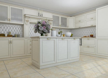 古典风格白色厨房的三维插图
