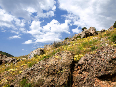 悬崖 石灰石 岩石 地标 春天 风景 旅行 高的 天空 山谷