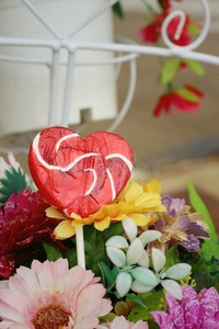 糖果情人节的心在花的背景上