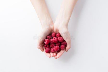 把女人的手抱在树莓上