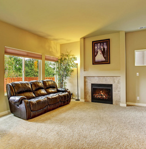 舒适的客厅，地毯和壁炉。