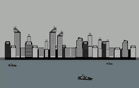 城市的建筑，海洋，船。 矢量