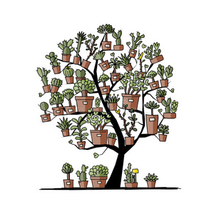 艺术树与植物在盆，素描为您