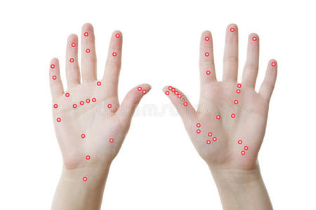 穴位按压女性手的穴位按压,手掌向上孤立照片
