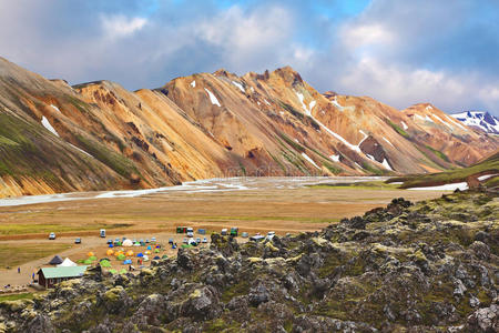 美女 场景 露营 颜色 七月 自然 小山 冰岛 范围 徒步旅行