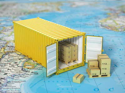 地图 进口 插图 商业 标签 目的地 机箱 港口 货物 物流