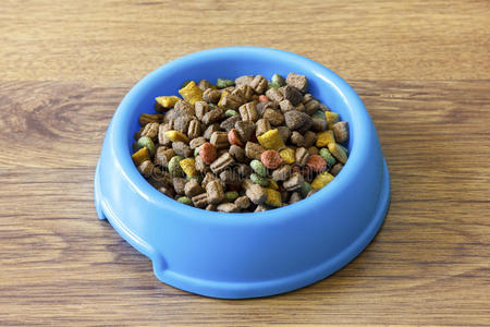 干猫食品在蓝色碗在木层压板地板上。