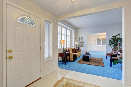 宽敞的客厅有明亮的蓝色地毯。