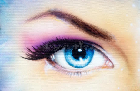 蓝色女人的眼睛，紫色和粉红色的日妆。 彩色绘画