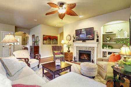 舒适的客厅有地毯和壁炉。