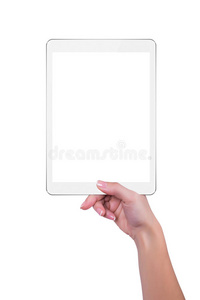 女性手拿着一台白色平板电脑