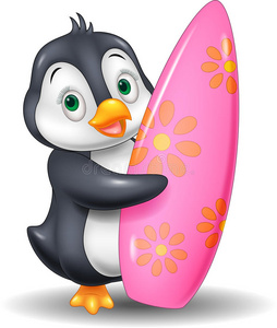 卡通企鹅抱着冲浪板