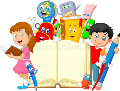 尺子卡通卡通小男孩带着收藏文具挥手照片