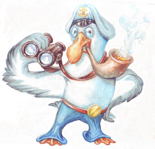 鸟信天翁船长拿着望远镜和烟斗照片