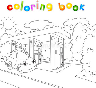 儿童着色书加油罐卡通女郎矢量卡通燃油加油站图标的漫画风格.