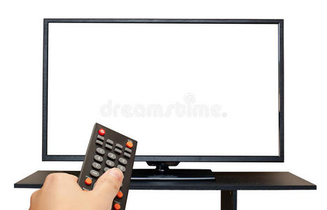 手持遥控器到白色背景上隔离的电视屏幕