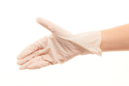 医生的手戴着白色消毒手术手套，握手