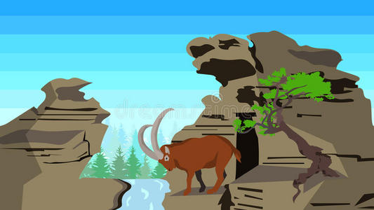 山羊在岩石上有树，无缝，动物，自然