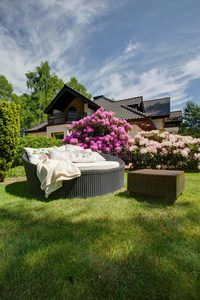 房地产 椅子 盛开 花园 灌木 外观 新的 房子 植物 草坪