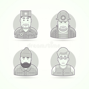 医生，矿山工人，伐木工人，教师图标。 化身和人物插图。