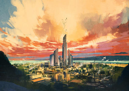 未来主义科幻城市与摩天大楼