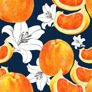 柚子和花百合,图案无缝照片