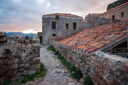 城市景观在Monemvasia，Peloponnese，希腊