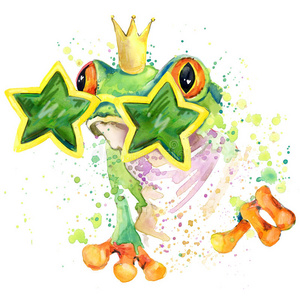 酷蛙T恤图形。 绿色青蛙插图与飞溅水彩纹理背景。 不寻常的插图水彩画