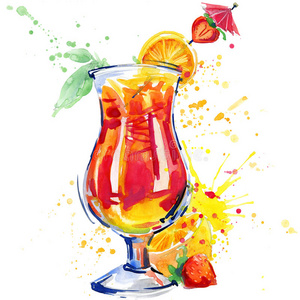 鸡尾酒手绘鸡尾酒水果,冰和飞溅. 手绘水彩插图照片