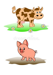 牛和猪在大自然中漫步，欢天喜地