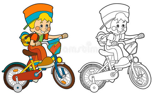 自行车着色页面上的卡通男孩