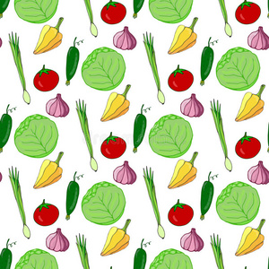 手绘无缝图案与五颜六色的蔬菜。 矢量插图。 蔬菜沙拉风格背景。