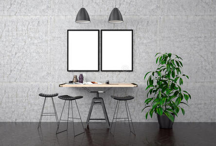 广告 海报 绘画 房子 框架 形象 家具 书桌 在室内 地板