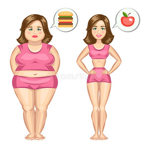 胖而苗条的女孩带着汉堡包和苹果。