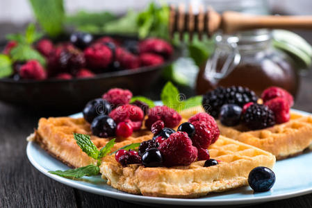 浆果 奶油 甜点 华夫饼 早餐 黑莓 特写镜头 蓝莓 草莓