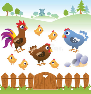 可爱的卡通母鸡,公鸡和鸡与景观.照片