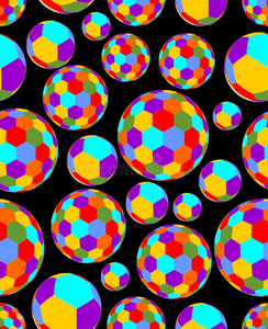 欢快的彩色球，在对比鲜明的黑色背景上充满六边形图案