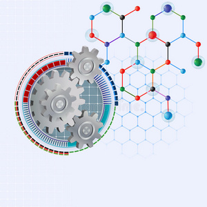 具有三维齿轮和六角形化学结构的抽象科学背景设计模板