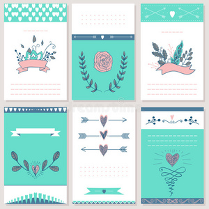6张情人节卡片。 矢量设计。 情人节收藏。 蓝色和粉红色。
