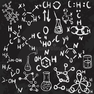 手绘科学实验室图标草图。 黑板上的粉笔。 矢量插图回到学校。